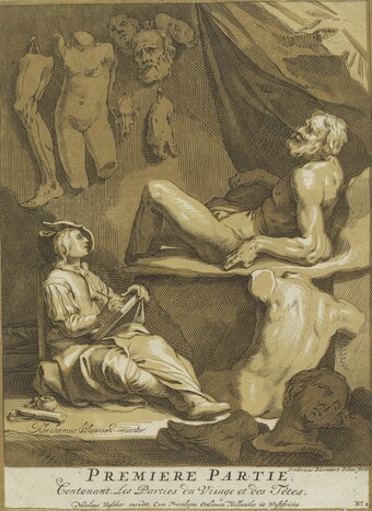 Frederick Bloemaert (1614/17– 1690) nach Abraham Bloemaert (1566–1651) Ein Zeichenschüler (in: Konstryk  tekenboek […], Amsterdam, 1740) Kupferstich und Farbholzschnitt, 395 x 295 mm (Blatt) Hamburger Kunsthalle, Bibliothek © Hamburger Kunsthalle / bpk Foto: Christoph Irrgang