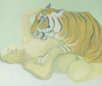 Maria Lassnig (1919–2014), Mit einem Tiger schlafen, 1975, ALBERTINA, Wien – Dauerleihgabe der Oesterreichischen Nationalbank © Maria Lassnig Stiftung / VG Bild-Kunst, Bonn 2026, Foto: Graphisches Atelier Neumann