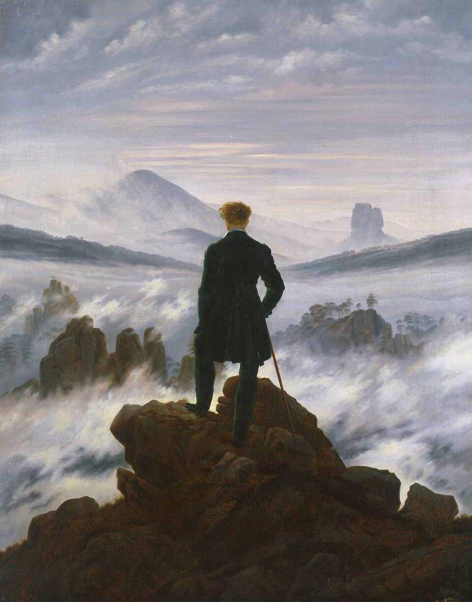 Caspar David Friedrich, Wanderer über dem Nebelmeer, um 1817, Öl auf Leinwand 94,8 cm x 74,8 cm, SHK / Hamburger Kunsthalle / bpk, Foto: Elke Walford