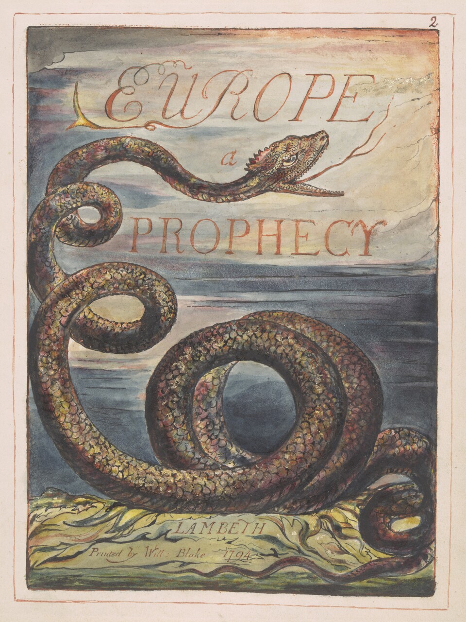 William Blake (1757–1827) Europa, eine Prophezeiung, Titelseite (Europe a Prophecy, title page), 1794,  Relief- und Weißlinienradierung, koloriert, 30,3 x 23,1 cm The Fitzwilliam Museum, Cambridge © The Fitzwilliam Museum, University of Cambridge William Blake (1757–1827) Europa, eine Prophezeiung, Titelseite (Europe a Prophecy, title page), 1794,  Relief- und Weißlinienradierung, koloriert, 30,3 x 23,1 cm The Fitzwilliam Museum, Cambridge © The Fitzwilliam Museum, University of Cambridge