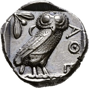 Athen, Tetradrachme (440–420 v. Chr.), Rückseite der Münze: Eule, Silber, Ø 24 mm, 17,09 g © Hamburger Kunsthalle