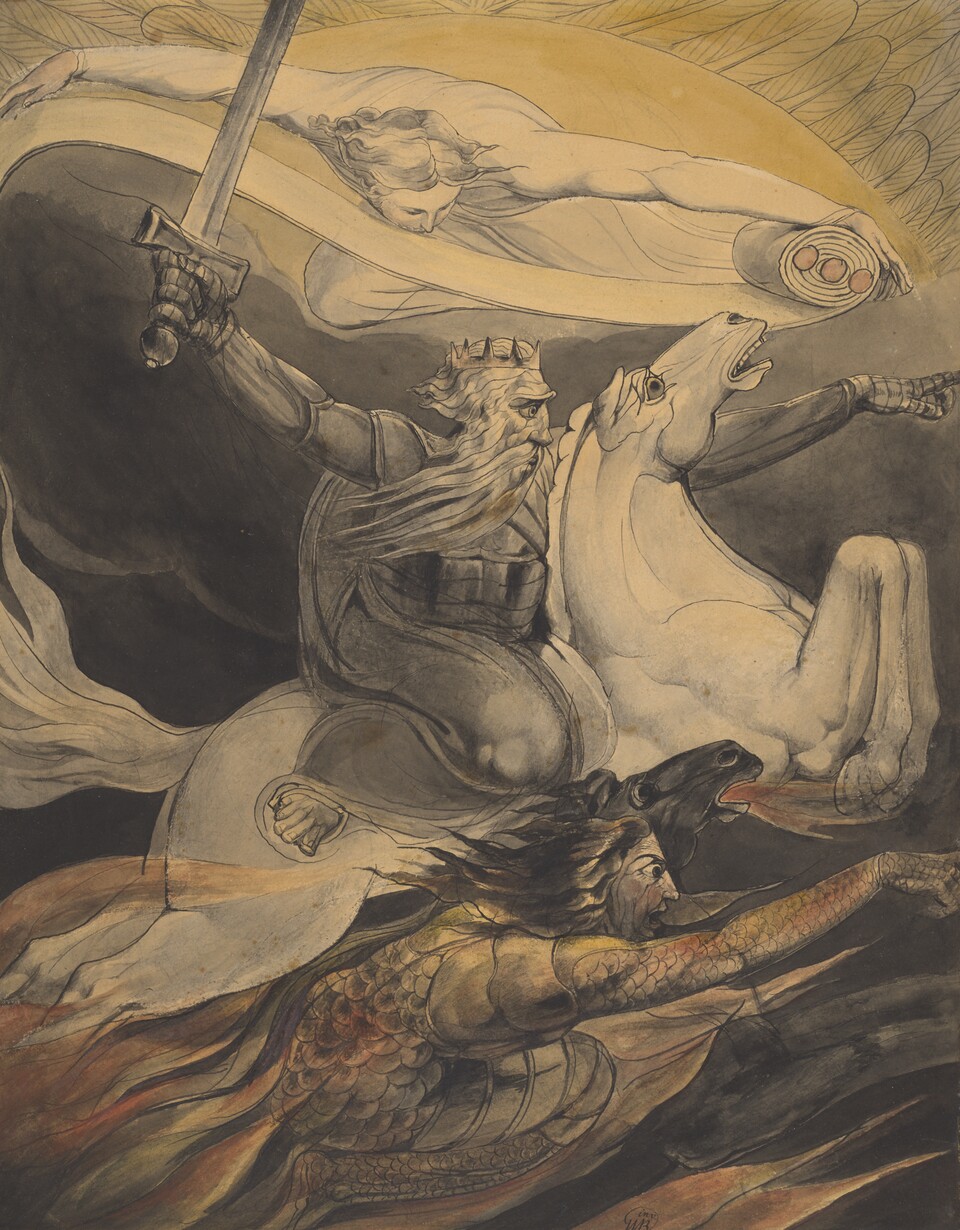 William Blake (1757–1827) Der Tod auf dem fahlen Pferde (Death on a Pale Horse), um 1800 Feder in Schwarz, grau laviert, Aquarell, 393 x 311 mm The Fitzwilliam Museum, Cambridge © The Fitzwilliam Museum, University of Cambridge William Blake (1757–1827) Der Tod auf dem fahlen Pferde (Death on a Pale Horse), um 1800 Feder in Schwarz, grau laviert, Aquarell, 393 x 311 mm The Fitzwilliam Museum, Cambridge © The Fitzwilliam Museum, University of Cambridge
