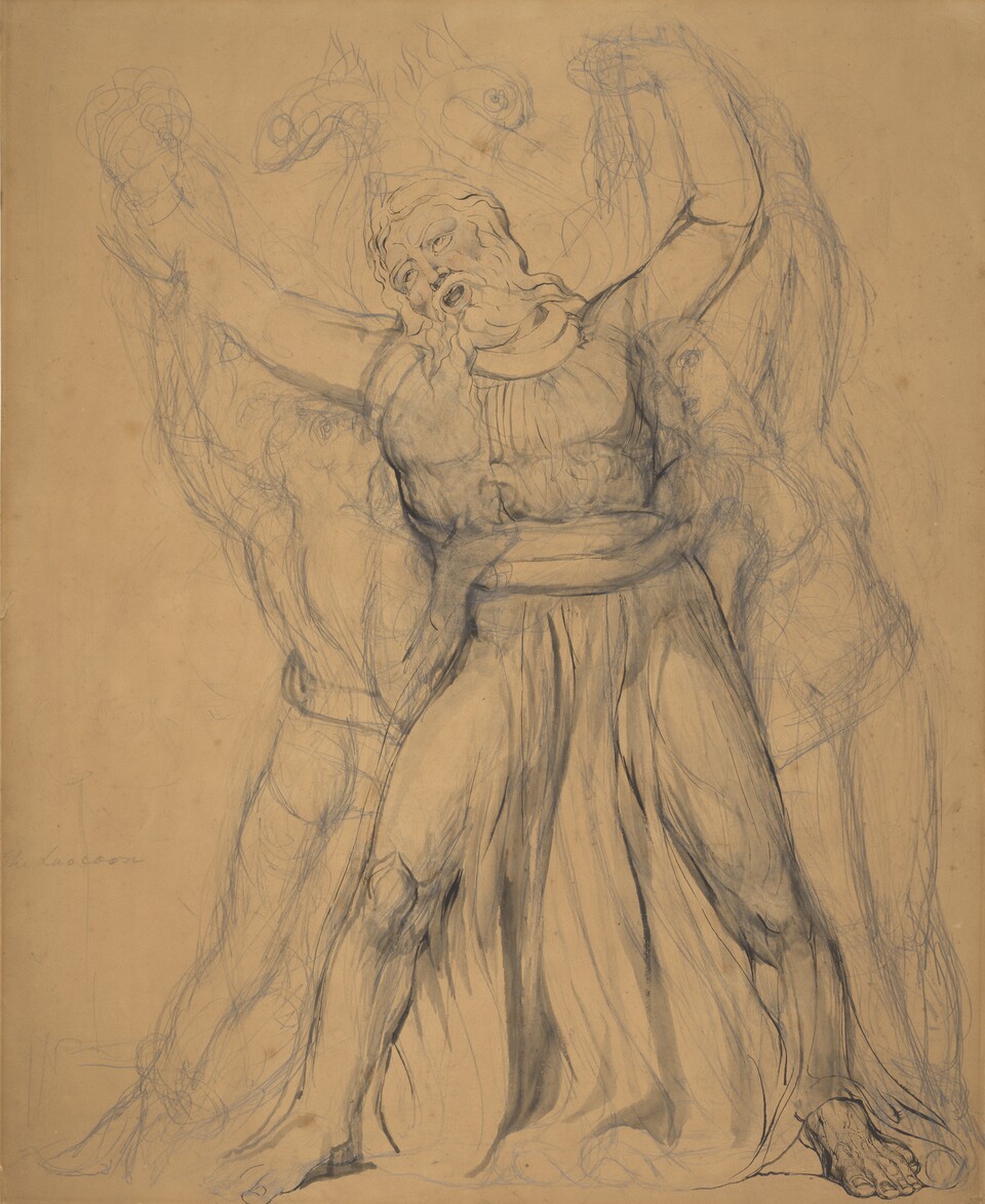 William Blake (1757–1827) Freie Fassung des Laokoon (Free Version of the Laocoön), um 1825 Feder in Grau über Graphit, Aquarell, 537 x 435 mm The Fitzwilliam Museum, Cambridge © The Fitzwilliam Museum, University of Cambridge William Blake (1757–1827) Freie Fassung des Laokoon (Free Version of the Laocoön), um 1825 Feder in Grau über Graphit, Aquarell, 537 x 435 mm The Fitzwilliam Museum, Cambridge © The Fitzwilliam Museum, University of Cambridge