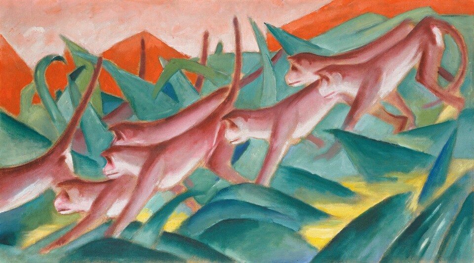 Franz Marc (1880 - 1916 ) Affenfries, 1911 Öl auf Leinwand 75,5 cm x 135,5 cm © Hamburger Kunsthalle / bpk Foto: Elke Walford Franz Marc (1880 - 1916 ) Affenfries, 1911 Öl auf Leinwand 75,5 cm x 135,5 cm © Hamburger Kunsthalle / bpk Foto: Elke Walford