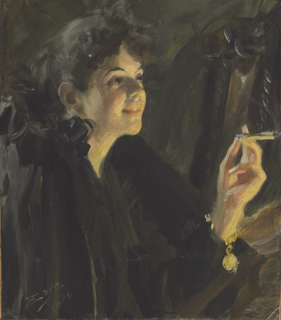 Anders Zorn (1860–1920)  Frau mit Zigarette, 1892 Öl auf Leinwand, 52,7 x 46,2 cm Privatsammlung Foto: Christie's New York Anders Zorn (1860–1920)  Frau mit Zigarette, 1892 Öl auf Leinwand, 52,7 x 46,2 cm Privatsammlung Foto: Christie's New York