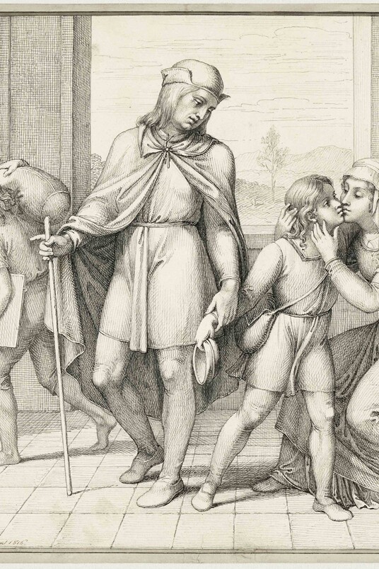 Franz und Johannes Riepenhausen (1786 - 1831), Der Abschied des jungen Raffael von seiner Mutter, 1816, Hamburger Kunsthalle, Kupferstichkabinett