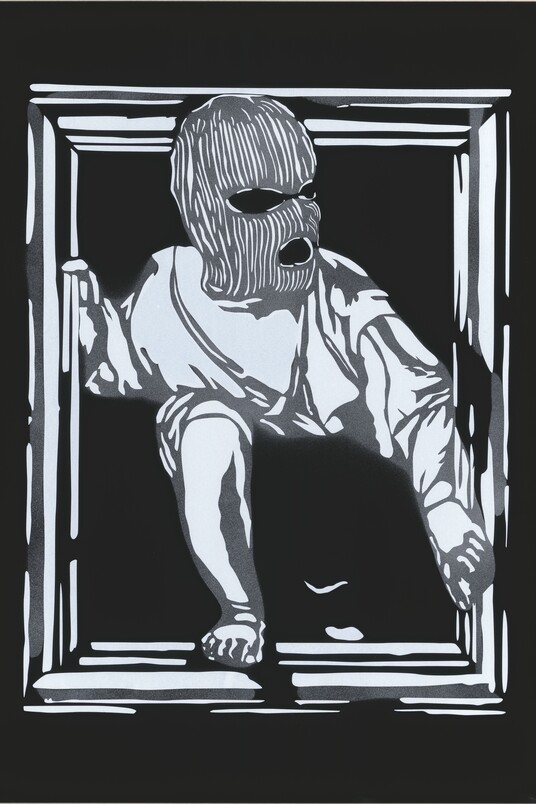 NEAL, Escape (Spray Paint Edition), 2021, Siebdruck in Weiß mit handgesprühtem Hintergrund auf Black Touche Papier, 700 × 500 mm, © Hamburger Kunsthalle / bpk, Foto: Christoph Irrgang