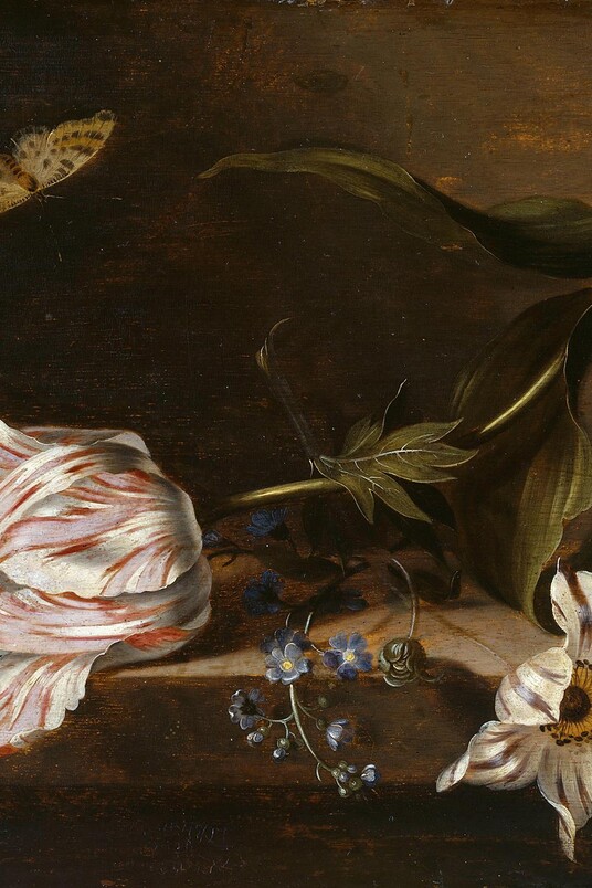 Jacob Marrell, Stillleben mit Blumen auf einer Tischplatte, Öl auf Eichenholz, 24cm x 34cm, © Hamburger Kunsthalle / bpk Foto: Elke Walford