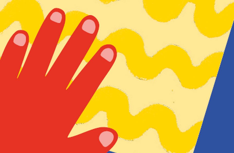 Cover unsere Kinderkunstbox: Rote Hand auf einem gelben Heft