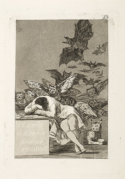 Francisco Goya  Los caprichios, Blatt 43: Der Schlaf der Vernunft bringt Ungeheuer hervor, 1797–1799  Aquatinta, 21 × 15 cm Kupferstichkabinett © Hamburger Kunsthalle / bpk  Foto: Christoph Irrgang 